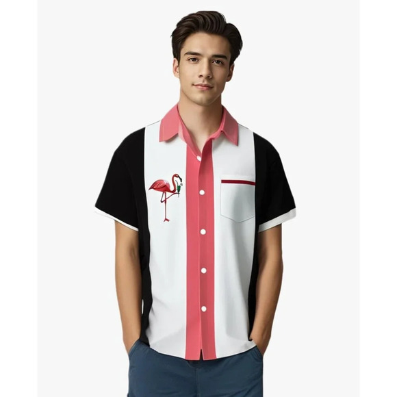 ❤️Men Pink Print Short Sleeve Hawaiian Fit Casual Button Down Beach Shirts - Picture 6 of 7